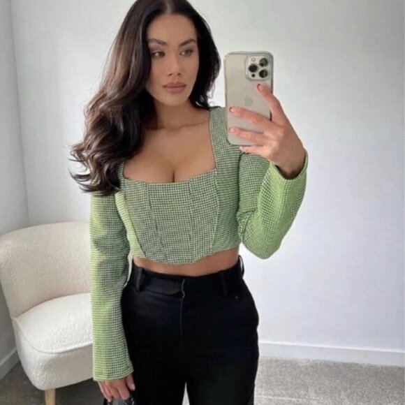 Zara Neon Green Black Houndstooth Corset Crop Top Size Medium - Picture 3 of 13